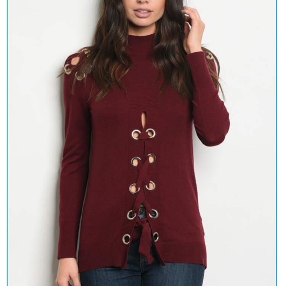NWT Maroon red Lace Up Turtleneck Sweater